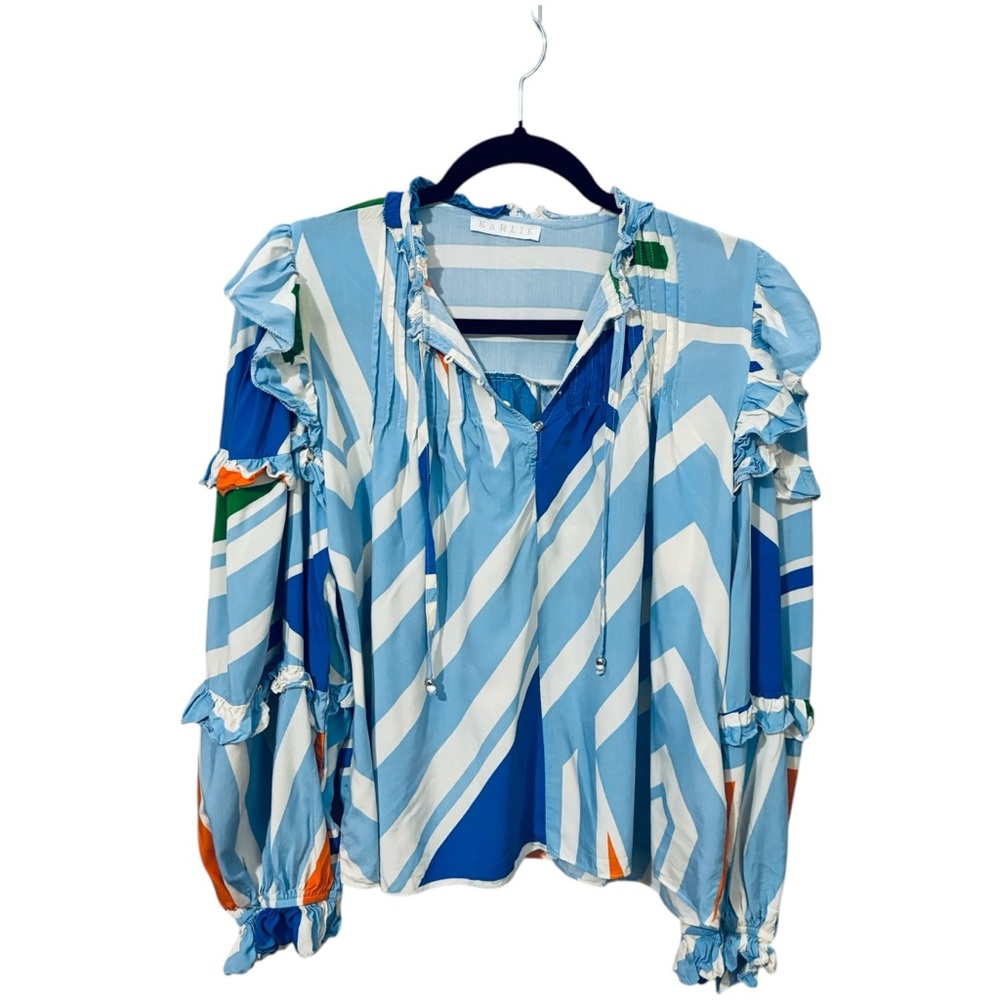 Karlie Geometric Ruffle Long Sleeve Top Blouse
